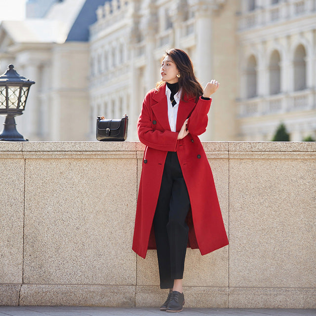 Original Design Women Autumn Winter Elegant Casual Warm 100%Wool Coat Double Breasted Belted Pink/Red Plus Size Woolen Jacket - LiveTrendsX