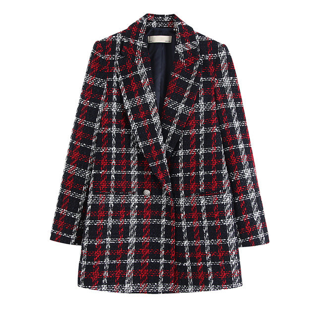 Women Twist Tweed Plaid Blazer Double Breasted Checked Jacket Buttons Thick Warm Elegant Suit Coat Fall Winter Outwear - LiveTrendsX