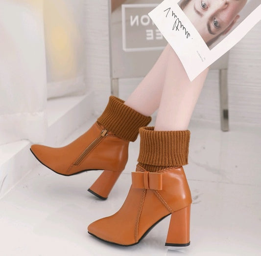 Sewing Fashion Pointed Toe Women Mid Calf Boots High Square Heel Patchwork Vintage Winter Boots Plus Size Shoes PU  Zip - LiveTrendsX