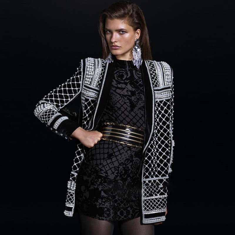Black and white embossed beaded knit coat Single Breasted V-Neck Wide-waisted Hot style Free shipped 2019 autumn new style - LiveTrendsX