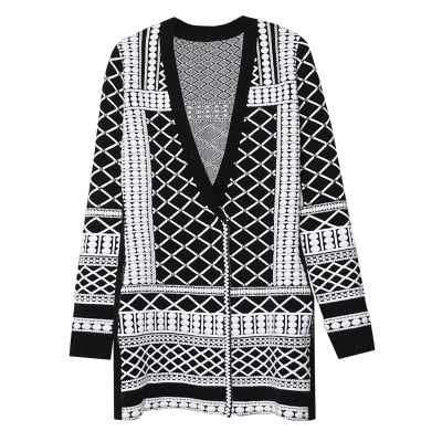 Black and white embossed beaded knit coat Single Breasted V-Neck Wide-waisted Hot style Free shipped 2019 autumn new style - LiveTrendsX