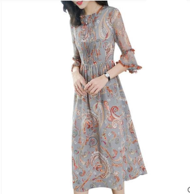 Mulberry silk French vintage printed dress spring/summer outfit 2019 new female slim temperament long silk dress - LiveTrendsX
