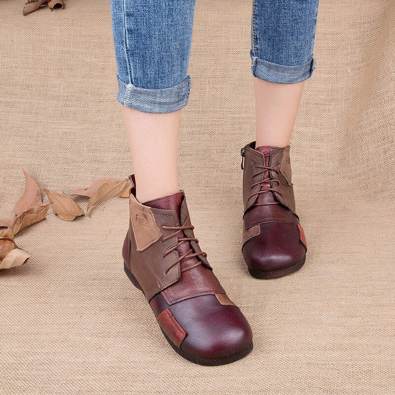 Snow boots female autumn and winter new 2019 retro lace round head rubber bottom color flat leather sole boots mother boots - LiveTrendsX