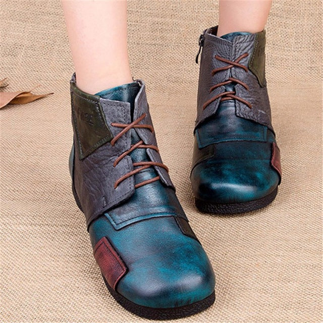 Snow boots female autumn and winter new 2019 retro lace round head rubber bottom color flat leather sole boots mother boots - LiveTrendsX