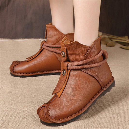 Winter Warm Mother Genuine Leather Ankle Boots Flats Pleated Ladies Zip Plush Shoes Female Fashion Sewing Retro Short Boot 35-42 - LiveTrendsX