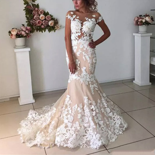 Champagne Mermaid Wedding Dresses 2020 Backless Robe de Mariee Vintage Lace Floral Applique Cap Sleeves Bridal Gowns Formal Long - LiveTrendsX