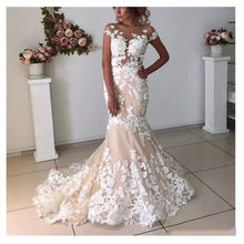 Load image into Gallery viewer, Champagne Mermaid Wedding Dresses 2020 Backless Robe de Mariee Vintage Lace Floral Applique Cap Sleeves Bridal Gowns Formal Long - LiveTrendsX
