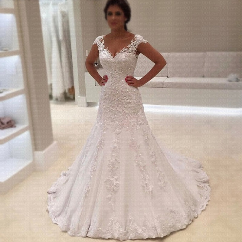 Luxury Pearls Lace Mermaid Wedding Dress 2020 Custom Made Bridal Gown Robe de mariage - LiveTrendsX