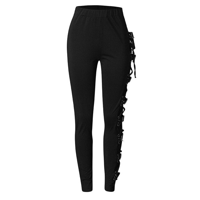 Women Gothic Style Black Pants Rivet Buckle Strap Casual Trouser Winter Spring Skinny Trousers Female Cosplay Sport Pencil Pant - LiveTrendsX