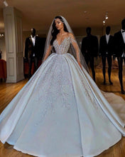 Load image into Gallery viewer, Luxury Arabic Ball Gown Wedding Dress Long Sleeve With Large Beaded Applique Sweetheart Button Back Long Train Wedding Gowns - LiveTrendsX
