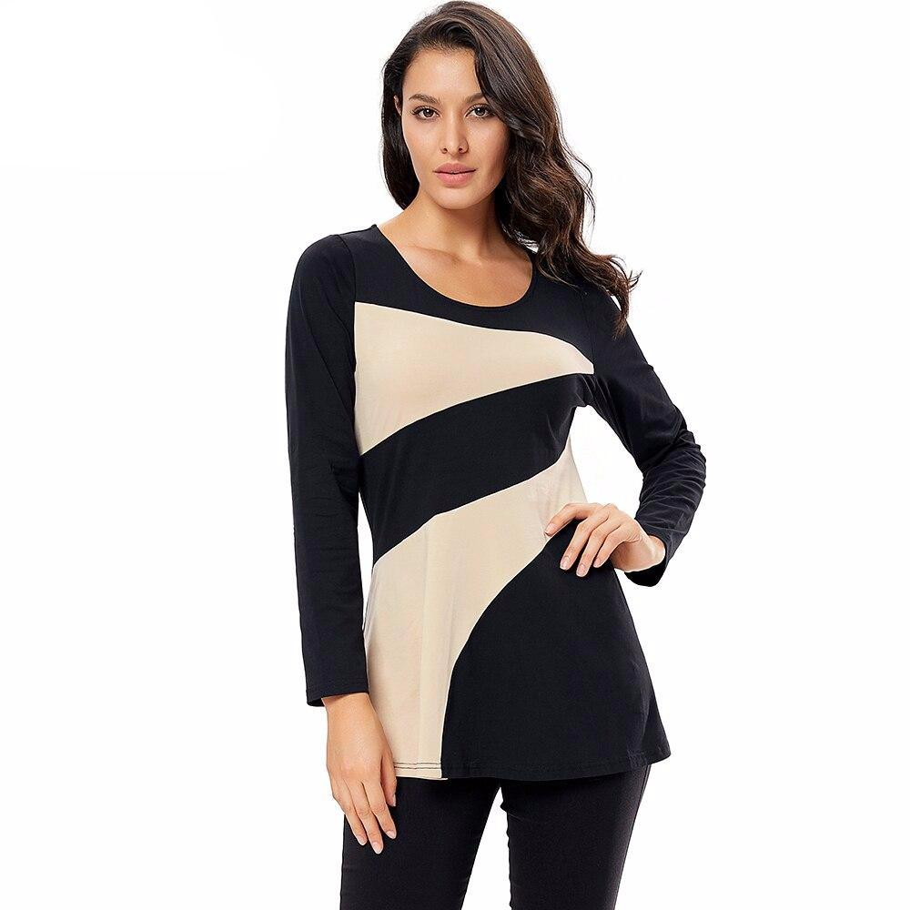 Women Casual Tops 2019 New Fashion Long Sleeve Round Neck Colorblocked Patchwork T-Shirt Cotton Tunic Tops H307 - LiveTrendsX