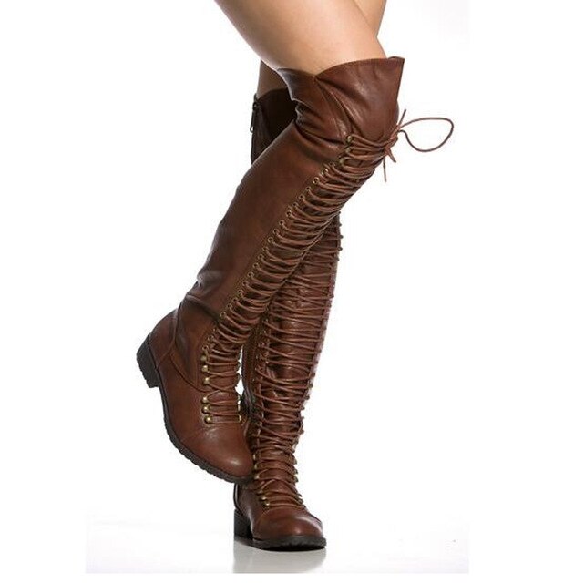 Women Winter New Fashion Lace-up Leather Over Knee Flat Boots Brown Black Zipper-up Long Knight Boots High Quality Warm Boots - LiveTrendsX