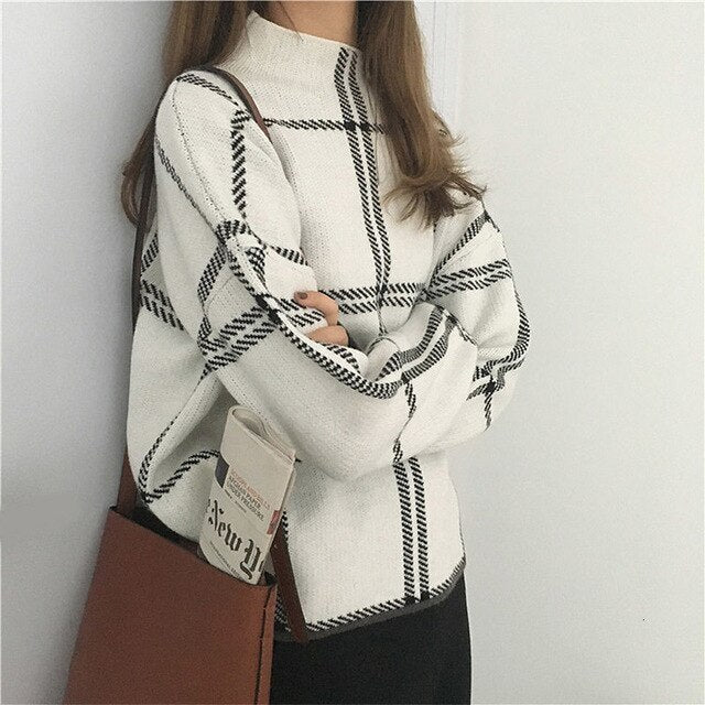 Autumn Winter New Plaid Pullovers Sweaters Women Elegant Fine Knitted Turtleneck Long Sleeve Sweater Female Knitwear Mujer - LiveTrendsX