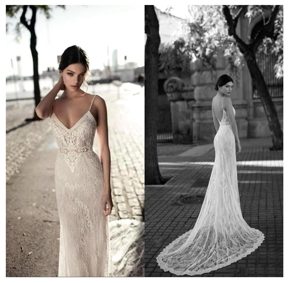Lace Mermaid Wedding Dress Vestidos de novia Spaghetti Straps Lace Sexy Bridal Gown Elegant Backless Wedding Gowns - LiveTrendsX