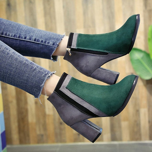 Mixed Colors Sewing Mid Calf Boots for Women Novelty Flock Pointed Toe Autumn Boots High Square Heel Winter Ladies Shoes - LiveTrendsX