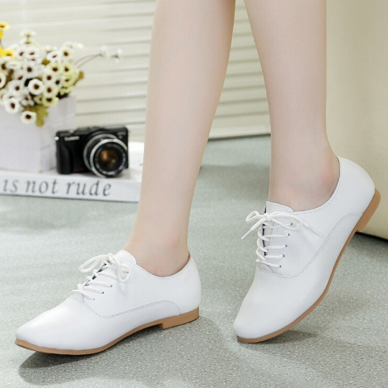 Nice Fashion Cute Small White Shoes Genuine Leather Comfortable Flats Shoes Popular low-top Lacing Pointed Toe Single Shoes - LiveTrendsX