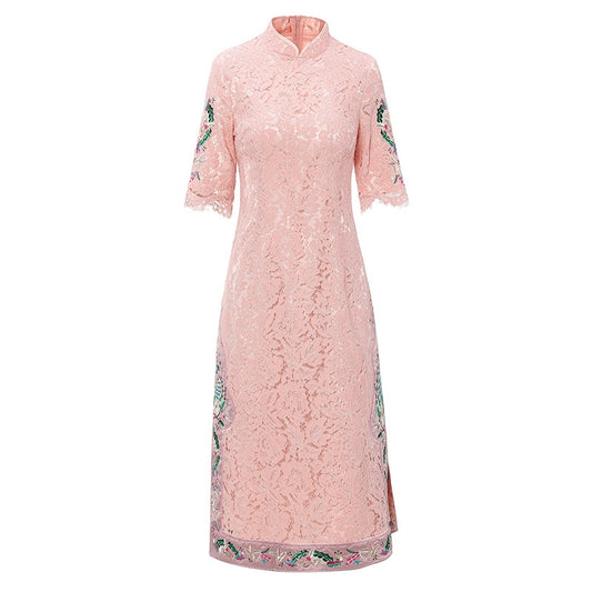 summer new stand collar embroidery slim lace dress - LiveTrendsX