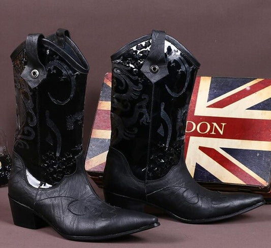 Winter Warm Shoes Men Long Boots Black Dragon Pattern Genuine Leather Men Mid-calf Boots Pointed Toe Western Cowboy Boots - LiveTrendsX