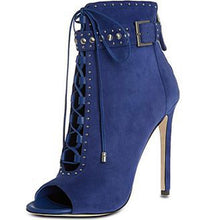 Load image into Gallery viewer, Sexy Ladies Blue Faux Suede Rivets Studs Buckle Belt Ankle Boots Peep toe High Heel Female Gladiator Lace Up Bottines Woman - LiveTrendsX
