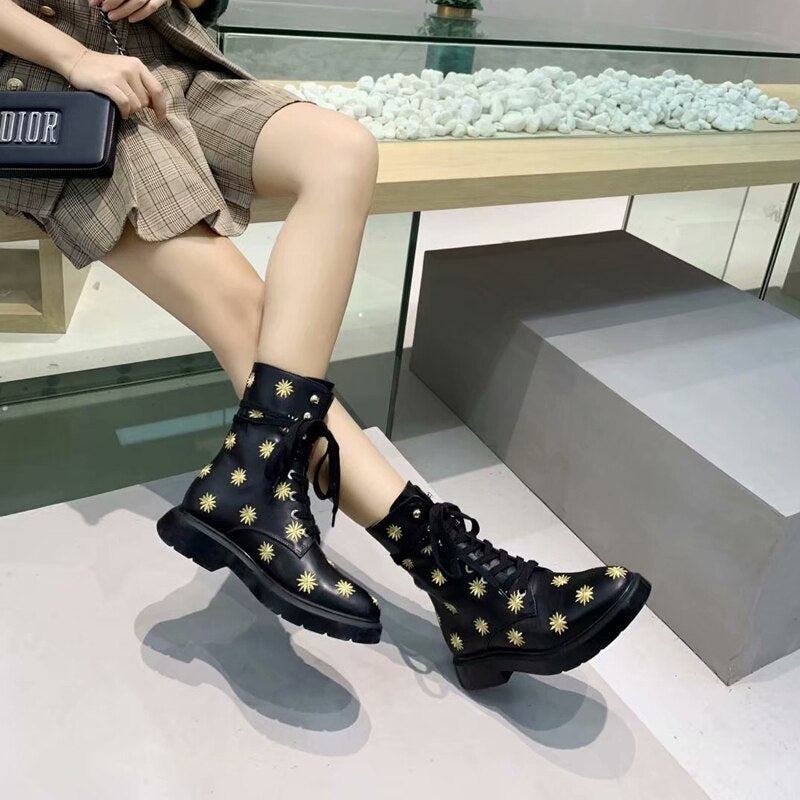 High end personalized women's boots embroidered Martin boots women's leather middle tube boots lace up flat heel anti slip - LiveTrendsX