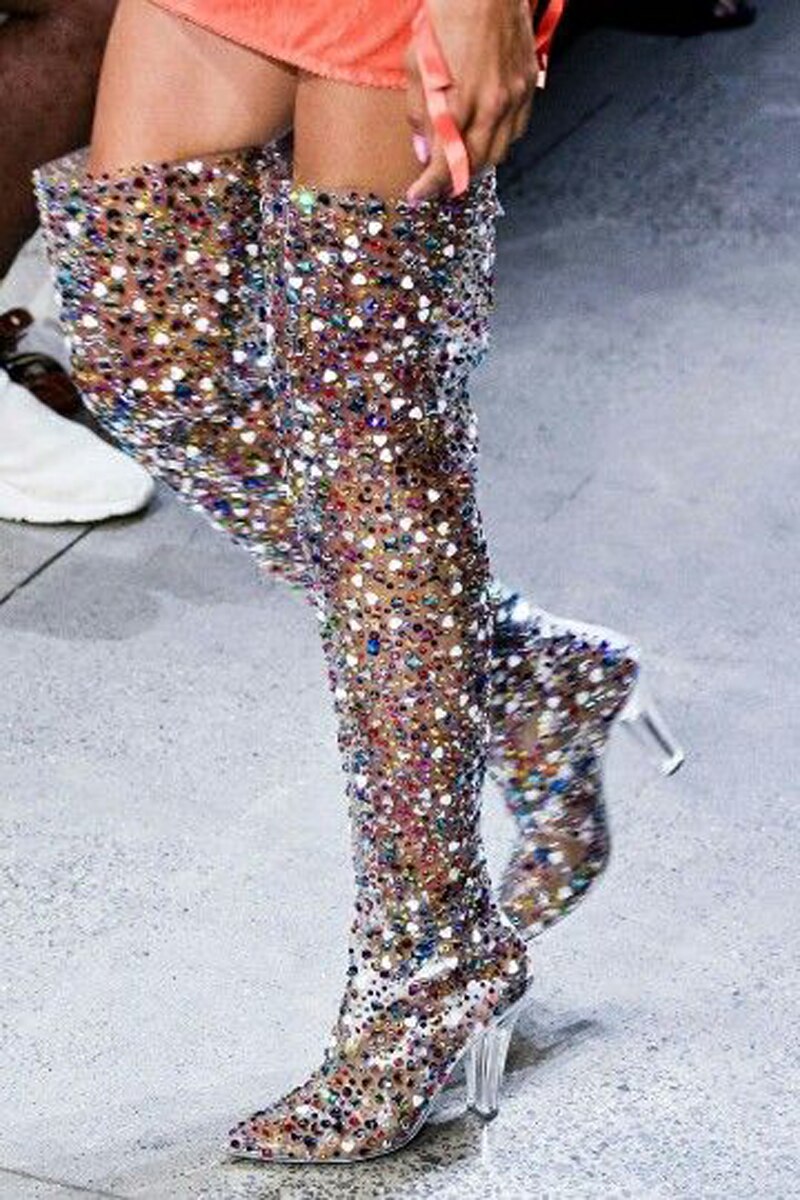 Clear Rhinestone Booties Luxury Clear Colorful Rhinestone Studded Thigh High Boots – LiveTrendsX
