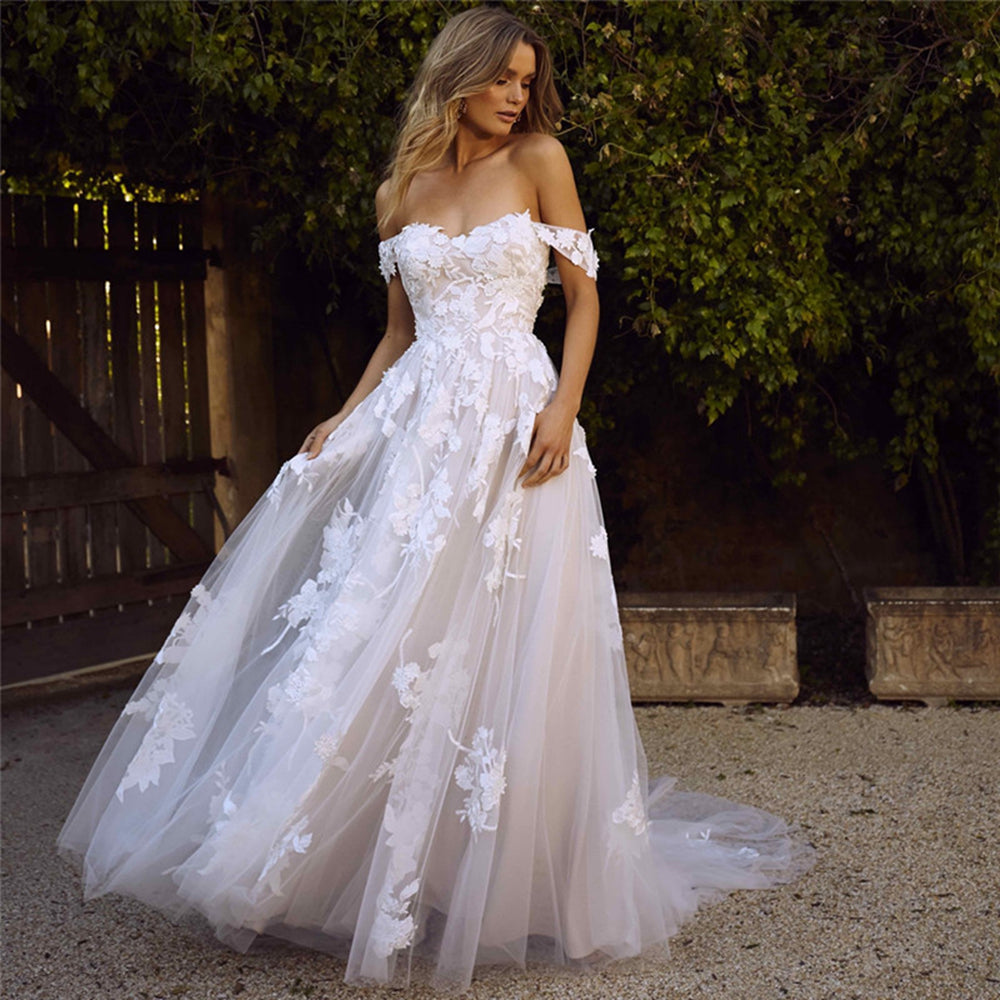 Romantic Off The Shoulder A Line Soft Tulle Wedding Dresses Bohemian Lace Appliqued Sexy Back Bridal Gowns - LiveTrendsX
