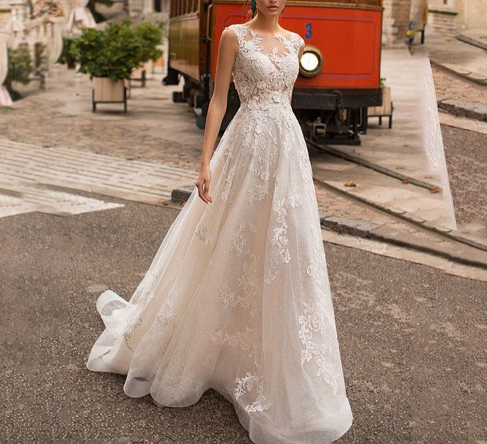 Boho Wedding Dresses Lace Sweep Train Covered Button Illusion Back Elegant Lace A-Line Bridal Gown vestido de noiva - LiveTrendsX