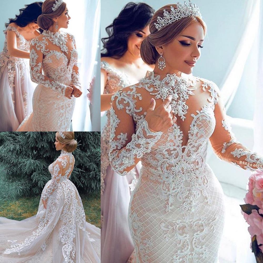 Luxurious 2020 African Mermaid Wedding Dresses With Detachable Train High Neck Lace Bridal Dress Long Sleeves Plus Size - LiveTrendsX