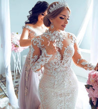 Load image into Gallery viewer, Luxurious 2020 African Mermaid Wedding Dresses With Detachable Train High Neck Lace Bridal Dress Long Sleeves Plus Size - LiveTrendsX
