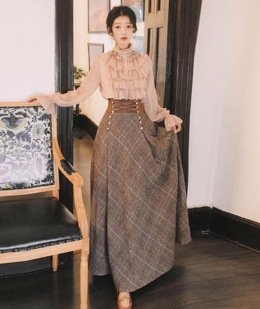 Autumn Winter Long Sleeve Blouse Top and Woolen Plaid Skirt and Top Set Suit Women Two Piece Outfits Sweater Skirt - LiveTrendsX