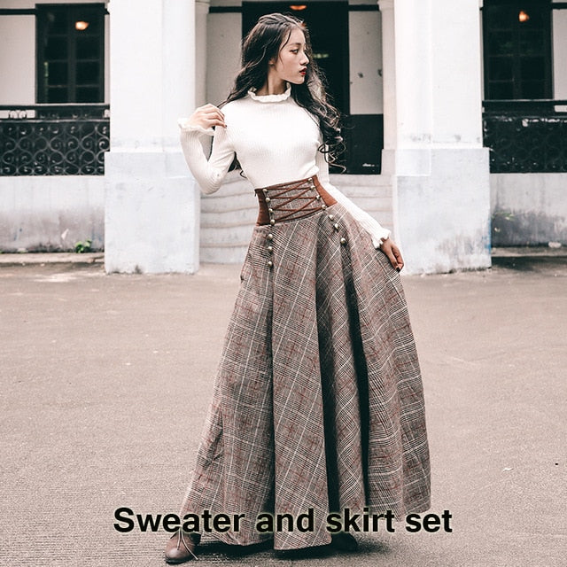 Autumn Winter Long Sleeve Blouse Top and Woolen Plaid Skirt and Top Set Suit Women Two Piece Outfits Sweater Skirt - LiveTrendsX