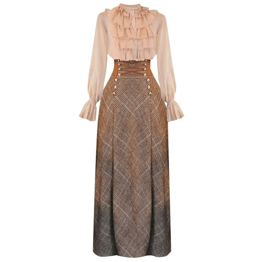 Autumn Winter Long Sleeve Blouse Top and Woolen Plaid Skirt and Top Set Suit Women Two Piece Outfits Sweater Skirt - LiveTrendsX