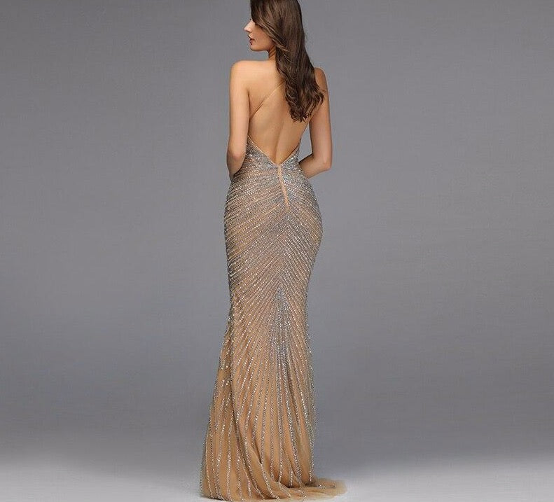 Dubai Gold Luxury Mermaid Evening Dresses Design 2020 Crystal Beading Backless Sexy Evening Gowns - LiveTrendsX
