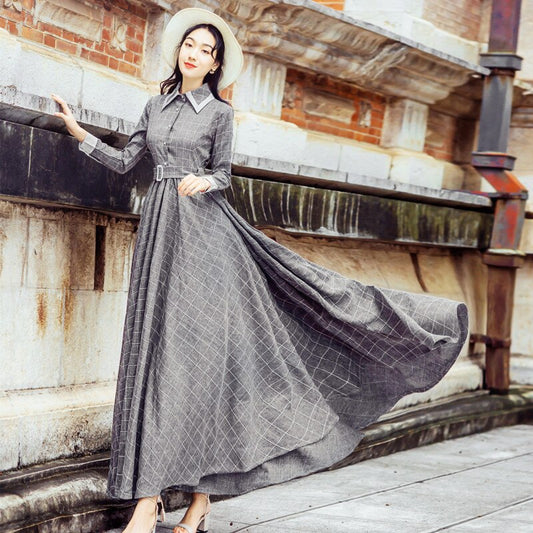 Autumn Winter Maxi Vintage Plaid Long Women Dress Woolen Gray Shirt Dresses Female Vestidos Evening Party Costumes - LiveTrendsX