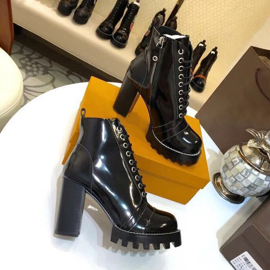 Women Shoes Winter Black Platform Ankle Boots Luxury Round Toe High Heels Lace Up Ladies Shoes Woman Botas - LiveTrendsX