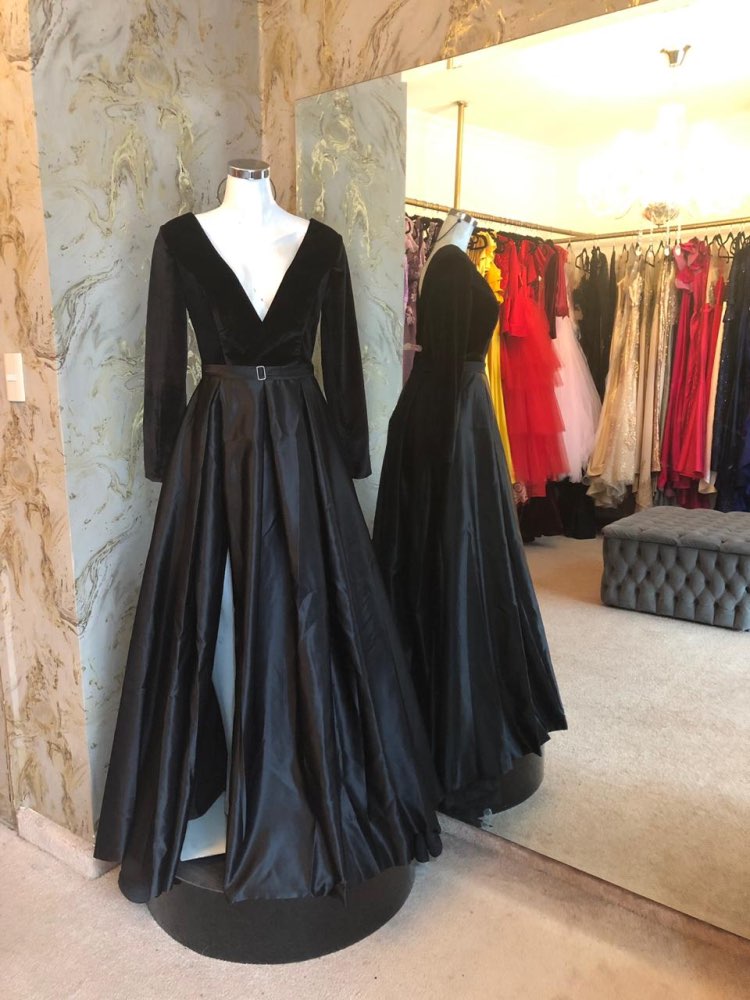 Evening Dress Long Sleeves Deep V-Neck Vestido De Festa Satin with Velour Evening Gowns - LiveTrendsX