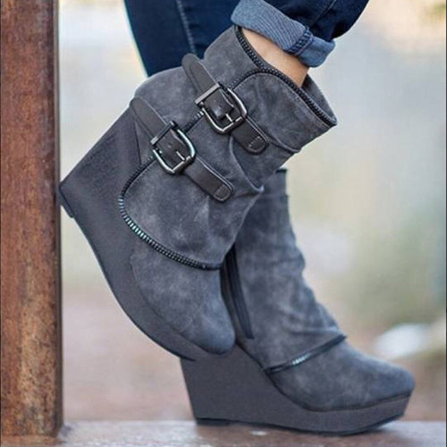 High heels ankle boots for women autumn winter sexy wedges platform short boots buckle strap retro ladies shoes plus size - LiveTrendsX