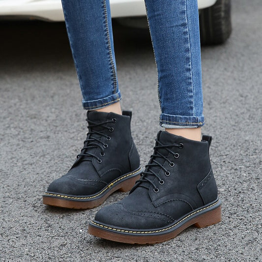 Ankle Round Toe Med  Women  Boots Fashion Solid Punk Motorcycle Boots Retro Casual Lace Up Shoes - LiveTrendsX