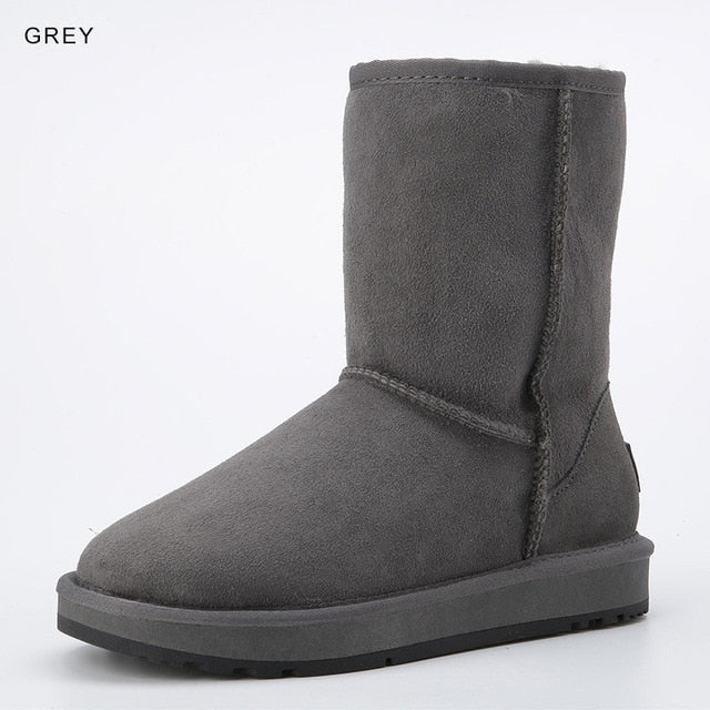 Basic Winter Snow Boots for Women Sheepskin Suede Leather Mid-calf Slip on Shearling Fur Boots Rubber Sole Flats Solid Grey - LiveTrendsX