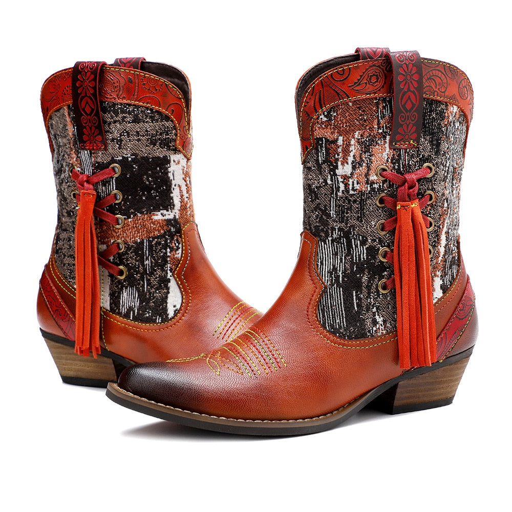 Handmade Colorful cow leather print with women's boots cowboy boots - LiveTrendsX
