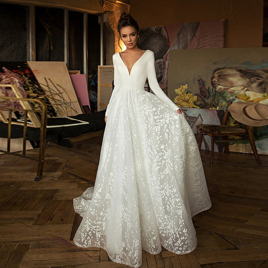 Lace Wedding Dress 2019 Long Sleeve V-neck Boho Bridal Gowns Satin Backless White Vestido de noiva Plus size custom - LiveTrendsX
