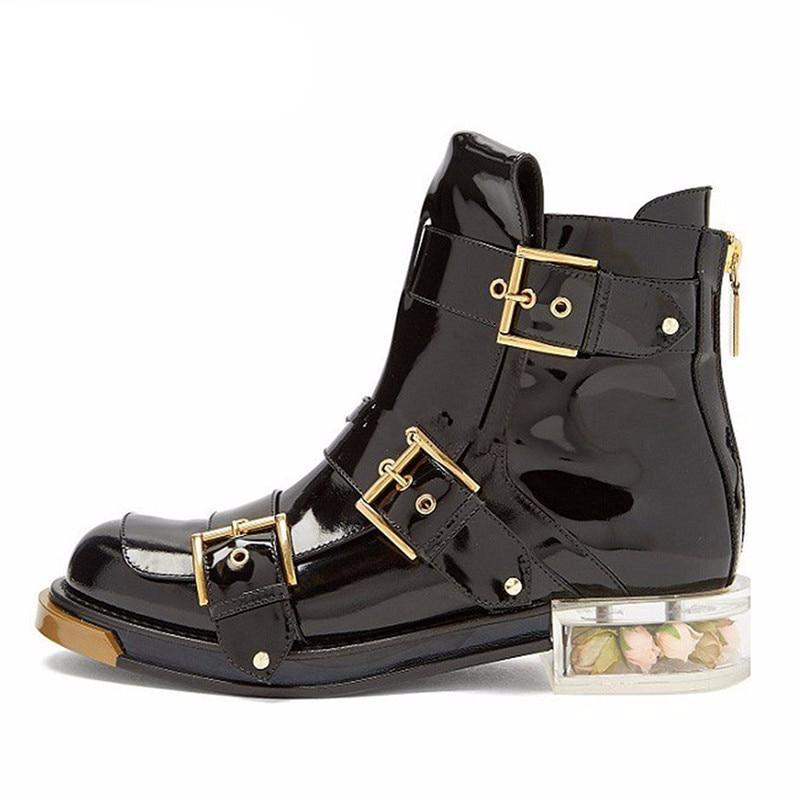 New Spring Autumn Studded Buckle Ankle Boots Transparent Heel Patent Leather Back Zip Martin Boots Fashion Short Boots Women - LiveTrendsX