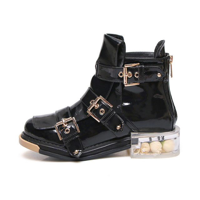 New Spring Autumn Studded Buckle Ankle Boots Transparent Heel Patent Leather Back Zip Martin Boots Fashion Short Boots Women - LiveTrendsX