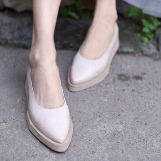 Genuine Leather Women Pumps Pointed Toe Low Heel Shoes Black Lazy Shoes Retro Women Pumps Handmade Women Wedge Shoes - LiveTrendsX
