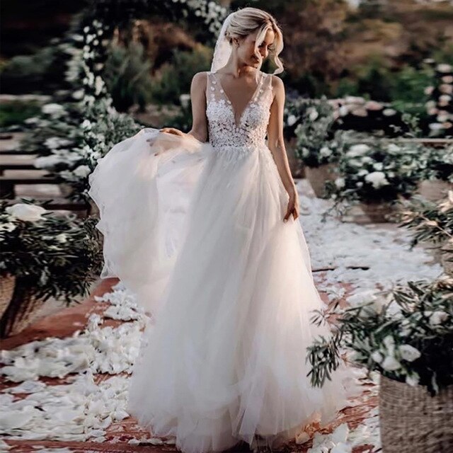 Verngo Boho Wedding Dress Simple Bridal dress Quality Wedding Gown Lace Wedding Dress With Flower Vestidos De Noiva - LiveTrendsX