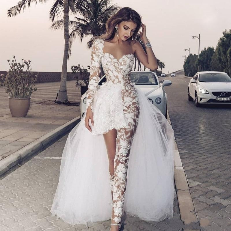 Jumpsuits Boho Wedding Dresses Lace Appliques One Shoulder Lace Overskirts Wedding Dress With Pants See Through - LiveTrendsX