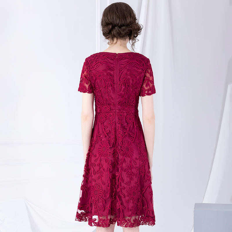 ew early autumn round neck short-sleeved A-line dress high waist was thin heavy embroidery embroidery mesh ladies cloth - LiveTrendsX