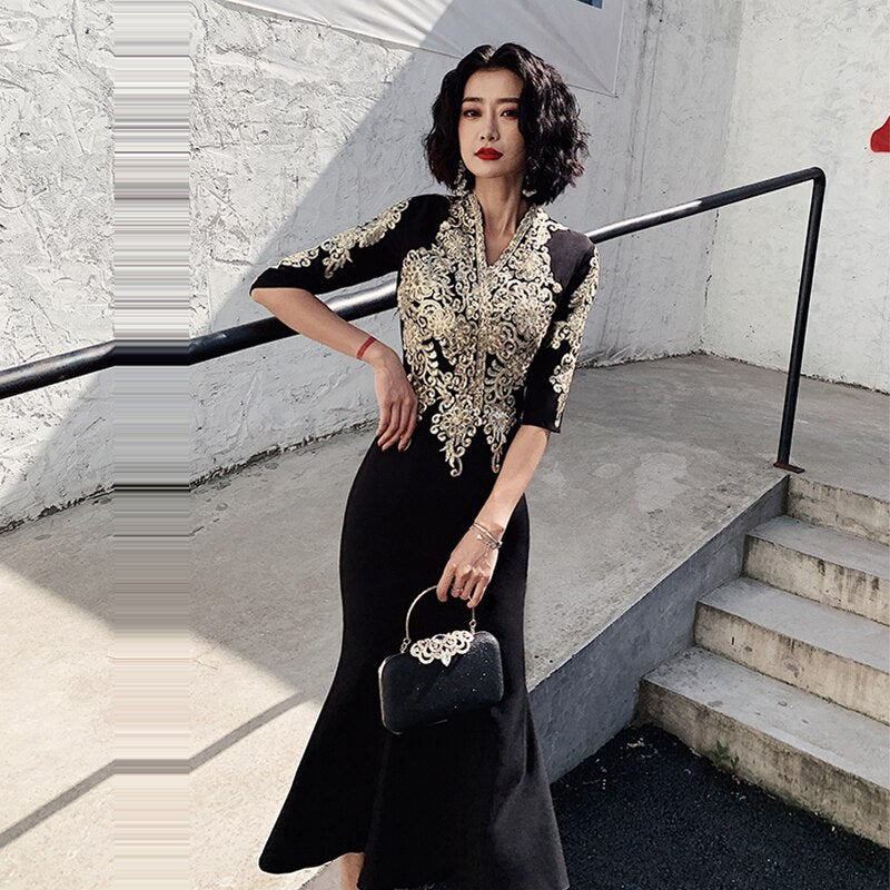 Evening Dress Sexy Deep V-neck Robe De Soiree Embroidery Women Party Dresses Half-Sleeve Elegant Formal Evening Gowns - LiveTrendsX