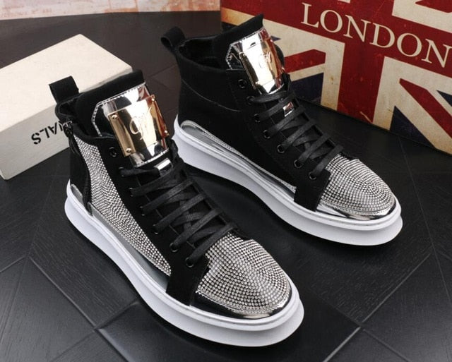 New Men luxury rhinestone metal plate platform high tops Casual Flats Shoes Man Rock punk Loafers board Sneakers zapatos hombre - LiveTrendsX