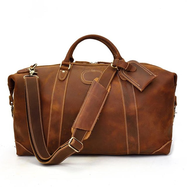 Vintage Crazy Horse Leather Men Duffel Bags 20" Big Capacity Genuine Leather Travel Bag Large Luggage Weekend Bags Shoulder Bag - LiveTrendsX